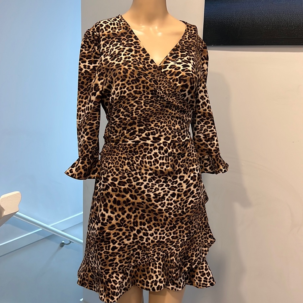 Leopard wrap Long Sleeve A-line Dress size M